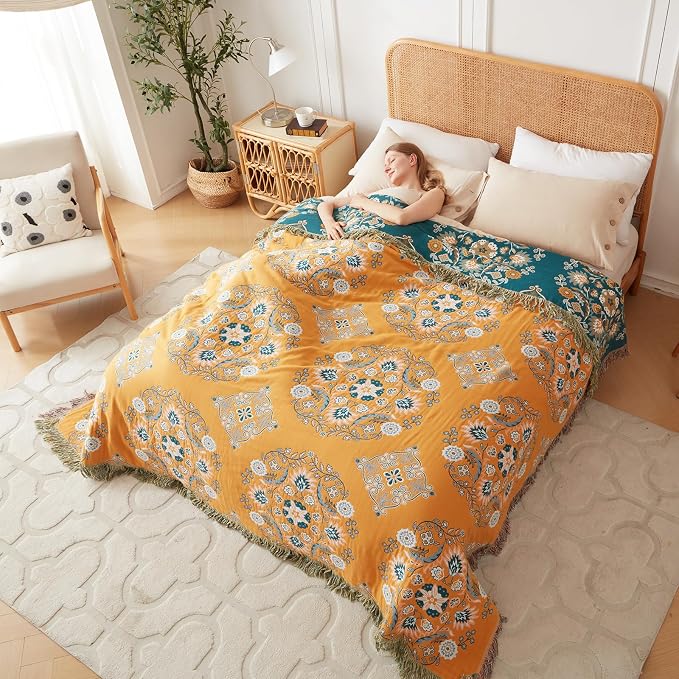 LUTBM Boho Throw Blanket for Bed 100% Cotton Soft Lightweight Quilt Reversible Summer Blanket Floral Embroidery Home Decor Bed Blankets,90"x98" All Season Blankets for Sofa Couch Chair