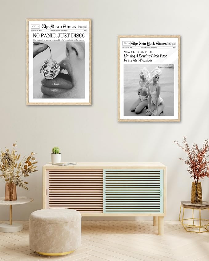 iHery 12x16in Funny Beach Girls Framed Newspaper Wall Art | Natural OAK Wood Frame with Canvas Print, Retro Magazine Decor for Bathroom, Bedroom, Girl Dorm, Living Room 1Pack