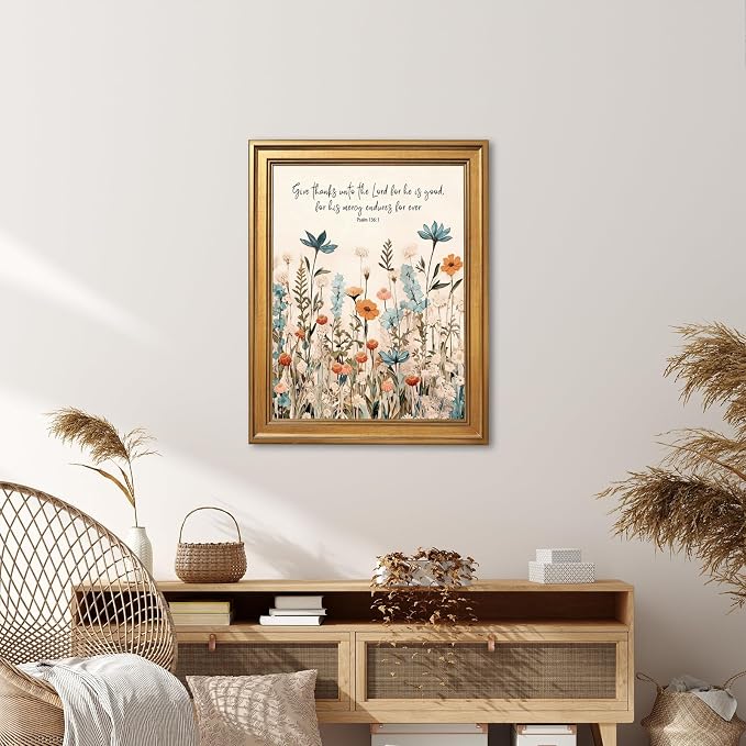 Framed Christian Scripture Wall Art Painting Give Thanks to the Lord Psalm 1361 Floral Print Inspirational Bible Verse Picture Poster Wildflower Faith Decor Canvas Artwork for Home Office 16x20inch