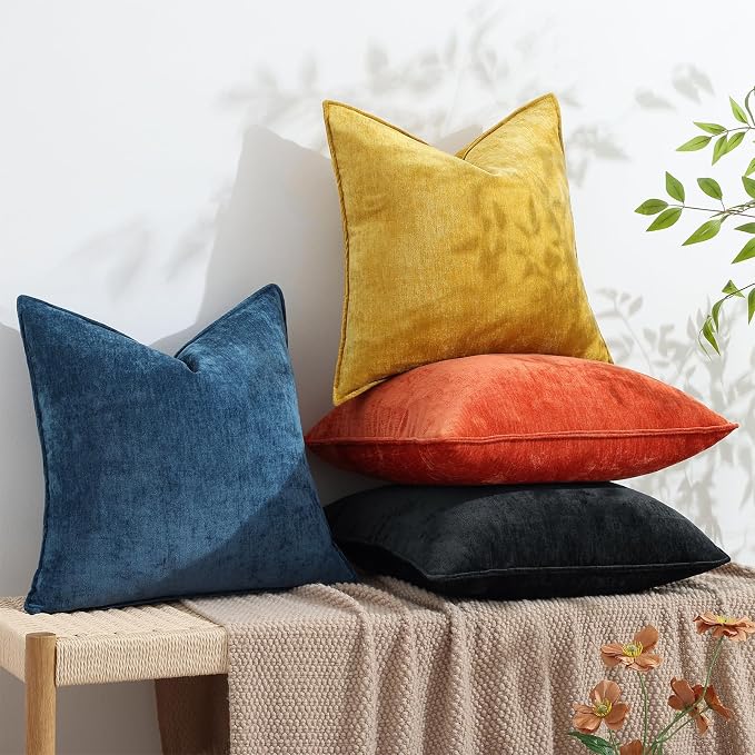 decorUhome Chenille Black Velvet Throw Pillow Covers 16x16 Set of 2 | Fall Soft Couch Decorative Modern Farmhouse Pillow Cases with Elegant Design for Sofa Bed Living Room Home Decor