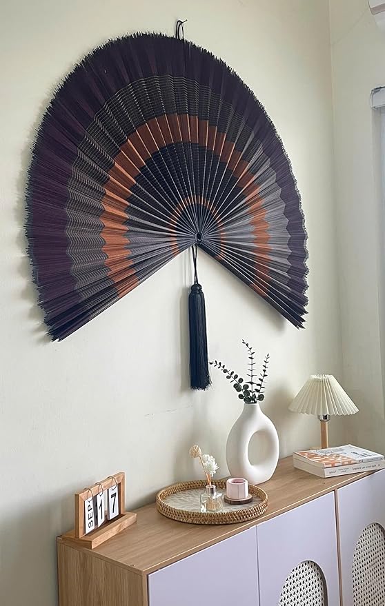 ChumDecor Bamboo Fan Wall Decor, Japanese Wall Fan Decoration, Ebony 48 in | Large Oversized Oriental and Asian Style Hanging Decoration for Above the Bed Headboard or an Empty Living Room Space