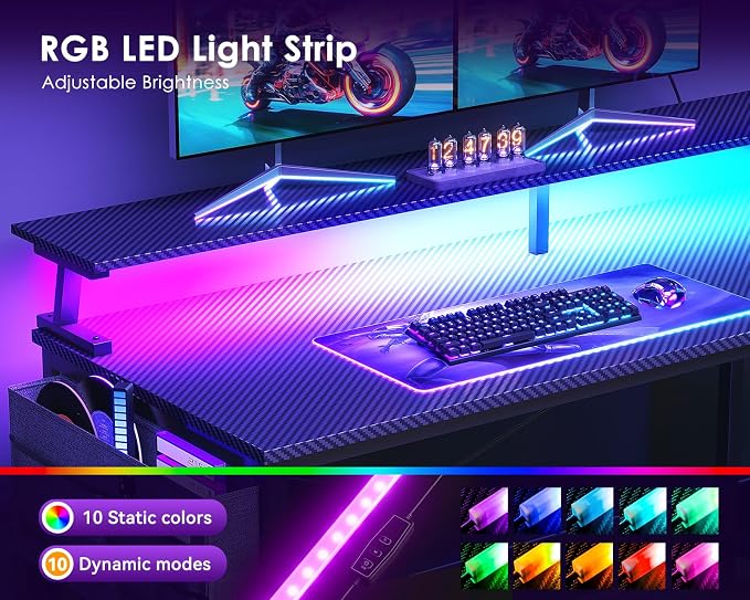 ODK 66 Inch L Shaped Gaming Desk with LED Lights, Power Outlets, Black | Adjustable Monitor Stand, Open Storage Shelves, Hanging Side Bag, PC Tower Stand, Reversible Layout for Gaming