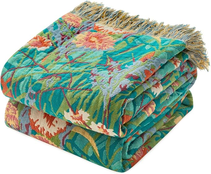 LUTBM Boho Throw Blanket for Couch 50"x60", Cotton Decorative Bed Throw | Reversible Florals Embroidery, All-Season Lightweight Breathable Blankets, For Chair Sofa Living Room Bedroom