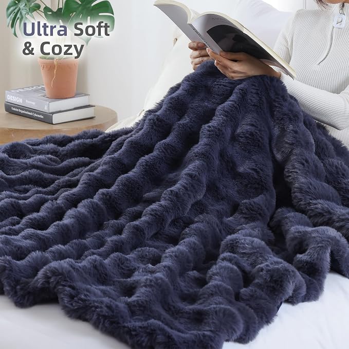 Faux Rabbit Fur Throw for Couch - Navy Blue Bubble Blanket 50"x60" | Fluffy Plush Fuzzy Throw for Sofa & Bed, Super Soft Cozy Comfrt Blanket, Luxury Aesthetic Navy Blue Decor Gift for Women