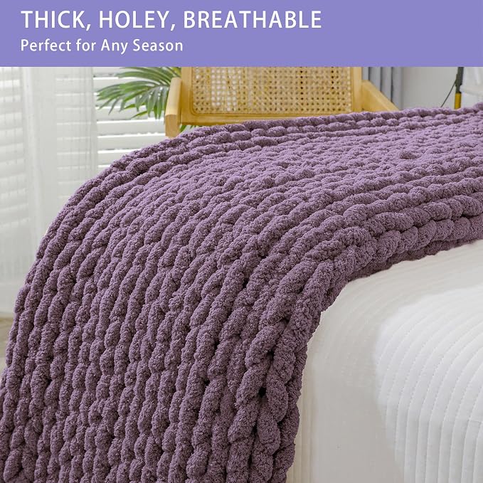 Bigacogo Chunky Knit Throw Blanket for Couch, 40x80 inches, Winter Grape | Hand Knit with Jumbo Chenille, Soft Breathable Cable Knit for Sofa Bed Living Room, Machine Washable, Gift for Mom Friend