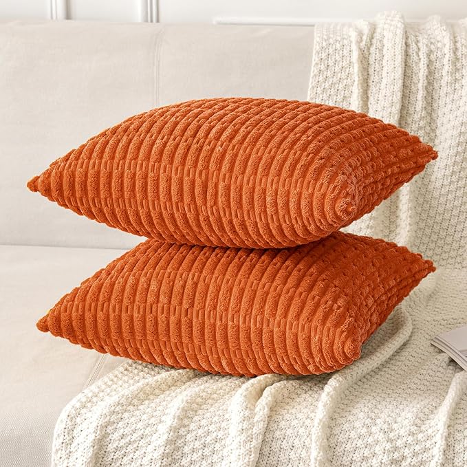 MIULEE Fall Pack of 2 Orange Corduroy Decorative Pillow Covers 20x20 Inch Soft Boho Striped Throw Pillow Covers Modern Farmhouse Home Decor for Halloween Thanksgiving Sofa Living Room Couch Bed