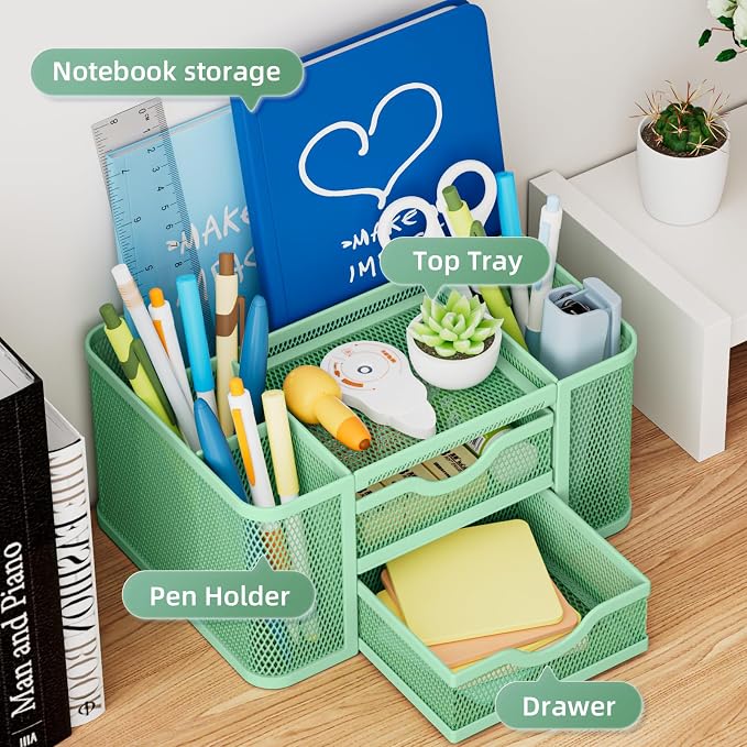 Marbrasse Mesh Desk Organizer, Pen Organizer with 2 Drawer, Multi-Functional Pencil Holder, Desk Organizers and Accessories with 5 Compartments + Drawer for Office Art Supplies (Green)