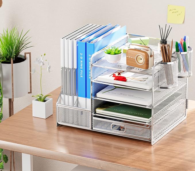 Marbrasse Desk Organizer with File Holder, 5-Tier Paper Letter Tray Organizer with Drawer and 2 Pen Holder, Mesh Desktop Organizer and Storage with Magazine Holder for Office Supplies (Silver)