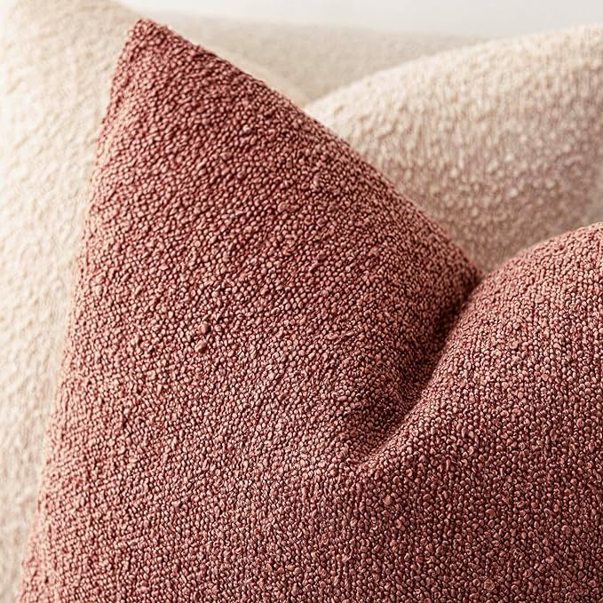 Foindtower Set of 2, Decorative Textured Boucle Throw Pillow Covers Accent Solid Pillow Cases Neutral Cozy Couch Cushion Case for Chair Sofa Bedroom Living Room Home Decor 26x26 Inch Orange Rust Red