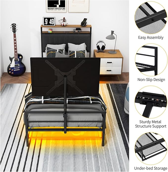 Twin Size Gaming Bed Frame With Storage Headboard,Black Metal Twin Bed Frame With LED Light Rotating TV Mount Charging Station,Stocking Stuffers for Teen Boys,College Dorm Room Essential,Heavy Duty