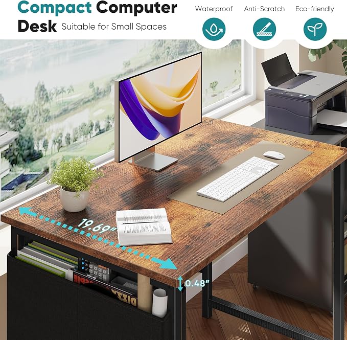 OLIXIS Small Computer Desk, 31 Inch Gaming Desks for Home Office | Writing Study Craft Work Table, Computer Workstation for Bedroom Small Spaces with Storage Bag, Rustic Brown
