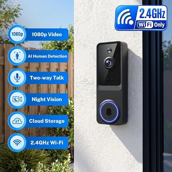 Doorbell Camera Wireless, 1080P Video Doorbell Camera Battery Powered, Security Camera with AI Human Detection, 2-Way Audio, Night Vision, Cloud Storage, 2.4G WiFi, Front Door Camera for Home Security