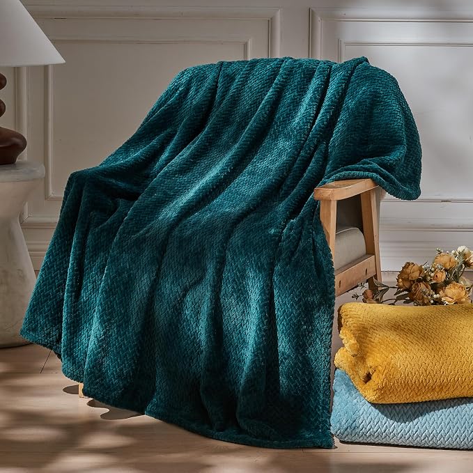 NEWCOSPLAY Fleece Leaves Pattern Twin Blanket, Dark Teal, 60"x80" | Super Soft Throw Blanket, Lightweight Cozy Bed Sofa Blanket, Premium Silky Flannel Fleece, Travel Blanket for All Season Use
