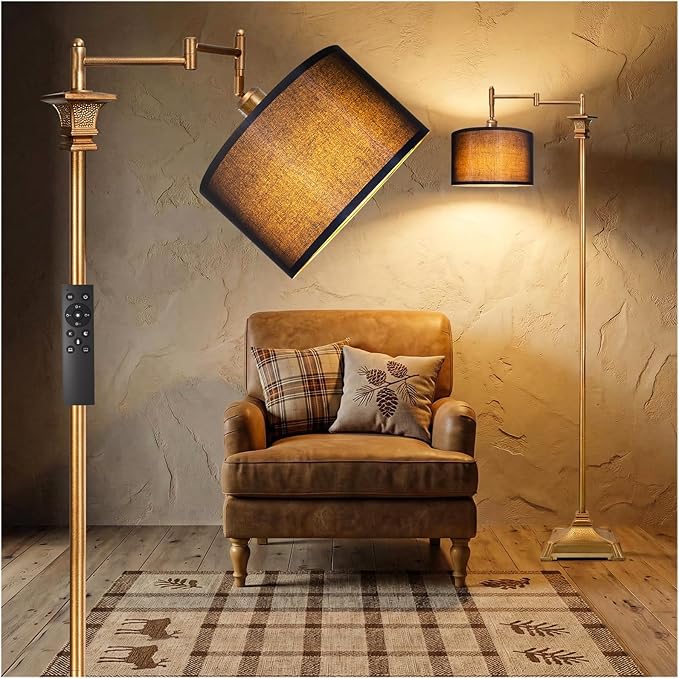 Scenekoy 68″ Tall Smart LED Floor Lamp for Living Room Bedroom, Antique Gold Finish, Remote Control, 350º Adjustable Swing Arm Standing Lamp with Black Shade, Decor for Reading House Home Office