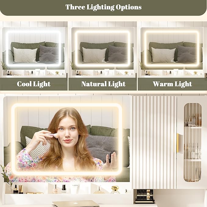 44" Modern Makeup Vanity Desk with Mirror and Lights, Makeup Vanity with 5 Shelves& 2 Drawers and Cabinet, Vanity Table with Power Outlet, 3 Color Adjustable Lighting Dressing Table Set for Bedroom