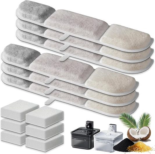 6+6 Packs Cat Water Fountain Filter Replacement Compatible with DownyPaws Cat Fountains, Fits Fursink 84oz/2.5L & 101oz/3L Pet Water Fountain with Pre-Filter Sponges