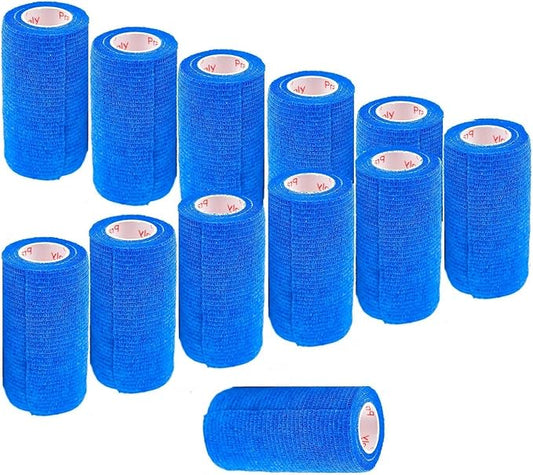 3 Inch Vet Wrap Tape Bulk (Blue) (Pack of 12) Self Adhesive Adherent Adhering Flex Bandage Grip Roll for Dog Cat Pet Horse
