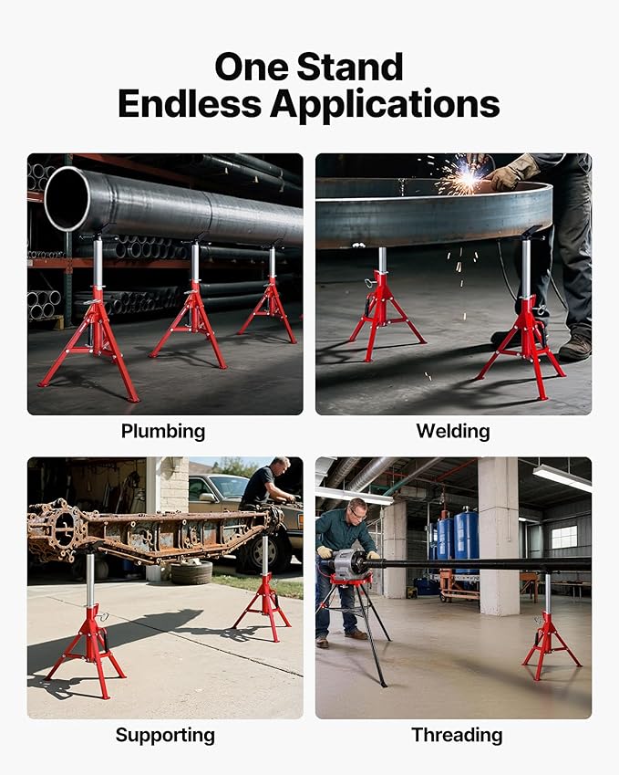 VEVOR V-Head Pipe Stand, 1/8"-12" Capacity, 24"-42" Height Adjustable, Pipe Jack Stands 2500 lbs Load Capacity, Portable Folding Pipe Stands, Durable Carbon Steel Frame
