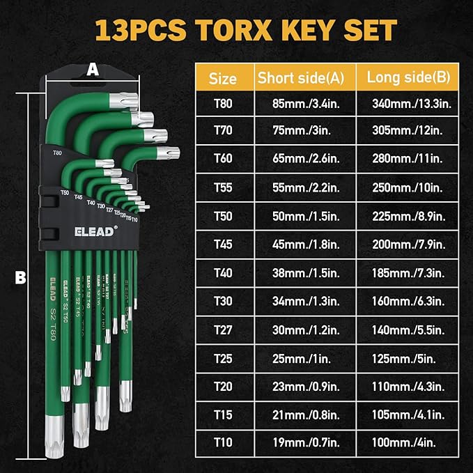 ELEAD Jumbo Torx Key Wrench Set | 13-Piece Durable S2 Star Keys | L-Shaped Long Arm Design | Sizes T10 to T80 | Automotive | Mechanic | Furniture | Professional Grade Tools