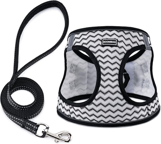 BOOMIBOO Dog Harness with Leash Set, No Pull Adjustable Reflective Step-in Puppy Pet Vest Harnesses for Small Medium Large Dogs and Cats,White Stripe XS