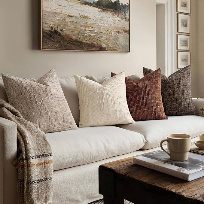 MIULEE Chenille Textured Lumbar Throw Pillow Covers Oatmeal 12x20 Set of 2 | Slubby Decorative Pillows, Boho Farmhouse Home Decor, Modern Neutral Cushion Covers for Couch Sofa Bed Living Room