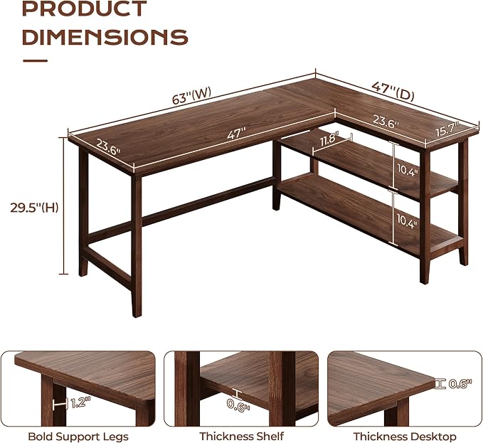 IOTXY Reversible L-Shaped Office Desk - 63" Extra Large Corner Computer Table with Storage Shelves, Solid Wood Legs, Home Writing & Study Workstation, Walnut