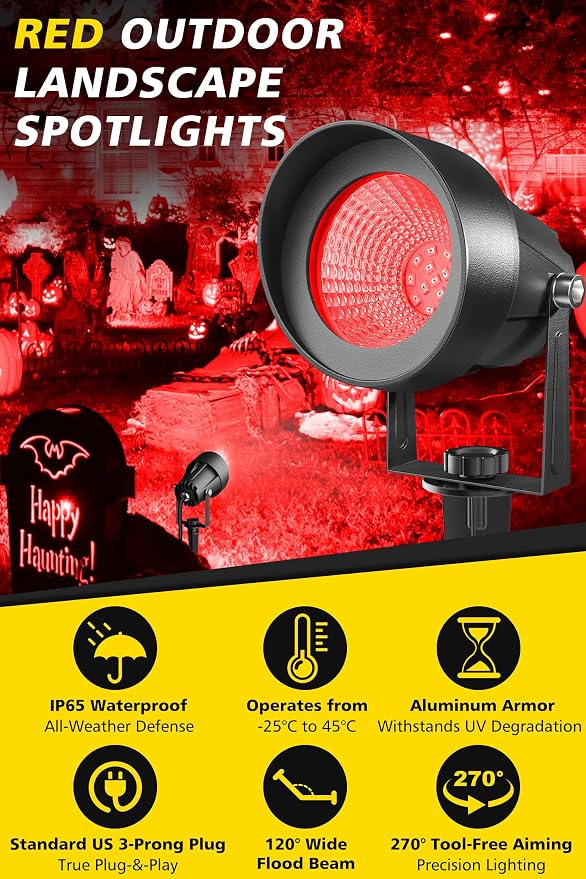 T-SUN Red Spotlight Outdoor, Waterproof LED Landscape Lighting with US Plug, Easy Install 270° Adjustable Outdoor Spot Lights for Garden Tree Yard Decor