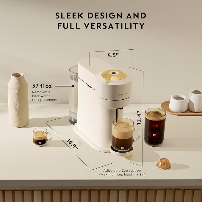 Nespresso Vertuo Next Coffee and Espresso Maker by De'Longhi, Creamy White and Gold | Creamy white and gold coffee machine with slim, sustainable design. Brews 6 cup sizes, espresso to 18 oz., topped with crema.