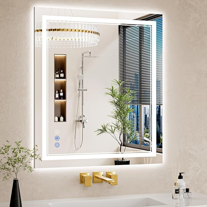 28X32 LED Bathroom Mirror with Lights, Anti-Fog, Backlit + Front Lit, Dimmable, Led Vanity Mirror for Wall, Lighted Bathroom Mirror, 3 Colors, Shatter-Proof Tempered Glass