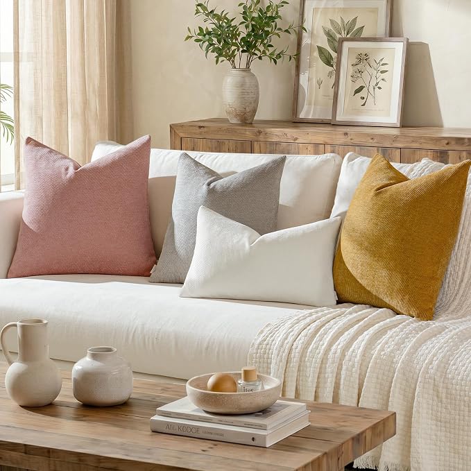 a moment Pack of 2 Decorative Chenille Throw Pillow Covers with Twill Cushion Covers for Sofa Living Room Couch Bed 18x18 Inch Raw White