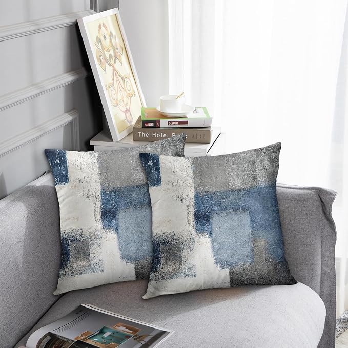 Emvency Throw Pillow Covers Set of 2, 16 x 16 Inch, Blue White and Gray | Modern Abstract Painting Outdoor Decorative Square Pillow Cases Couch Cushion Case for Couch Bed Sofa Living Room Home Decor