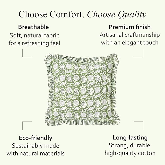 CPC Olive Bloom Hand Block Print 100% Cotton Ruffle Throw Pillow Cover 18x18 inch with Hidden Zipper Decorative for Couch, Bed, Sofa, Farmhouse, Cottagecore Decor Gift Christmas Fall Thanksgiving