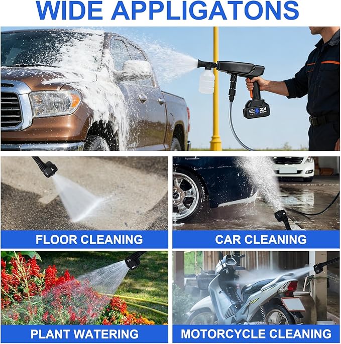 Cordless Pressure Washer Battery Powered, Cordless Power Washer, 1450 PSI Portable Handheld Power Washer with Brushless Motor, 6-in-1 Nozzel, 2pcs 4.0Ah Battery Pressure Washer for Car, Home