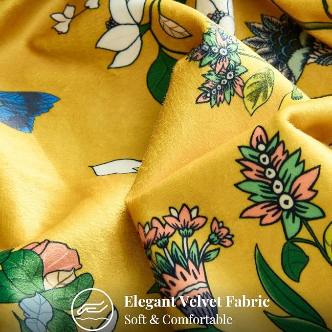 MUSSEL Yellow Velvet Floral Decorative 16x16 Pillow Covers Set of 2 | Soft Durable and Sturdy,Bird Plant,Throw Pillows Case,Square,Colorful Farmhouse Cushion Covers,Home Sofa Bed Couch Decor