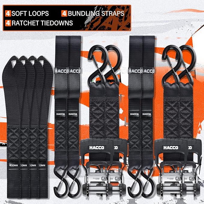 HACCOPLANET Ratchet Straps, 5280lb Break Strengeth, 16FT x 1.6" Heavy Duty Ratchet Tie Down Strap Set w/Padded Handle, S Hook, Soft Loop for UTV Motorcycle Truck Cargo Straps (Black, 16FT)