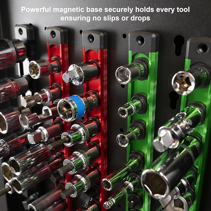 Magnetic Socket Holder Organizer Set:1/2-Inch Drive Socket Trays Socket, 360° Swivel 12 Clips Socket Holder Kit, For Automotive Mechanic Garage (Red)