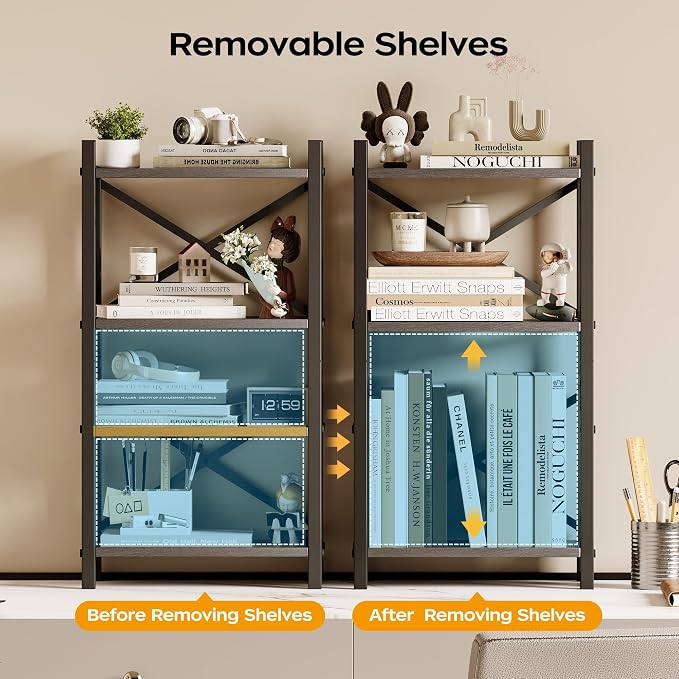 Desktop Bookshelf, 4-Tier Stackable Narrow Bookcase, Adjustable Industrial Desk Organizer & Hutch - Rustic Brown Wood Desktop Book Organizer for Living Room, Bedroom & Home Office