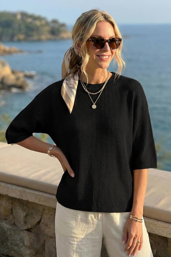 Arach&Cloz Womens Summer 100% Cotton Oversized Crochet Tops 3/4 Length Sleeve Sweater Hollow Out Casual Blouses 2026