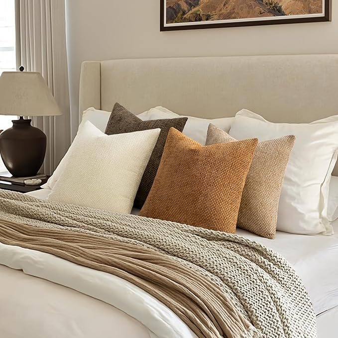 MIULEE Pack of 4 Brown Couch Throw Pillow Covers 20x20 Inch Soft Decorative Chenille Pillows Farmhouse Accent Cushions for Boho Fall Home Decor Sofa Bedroom Living Room