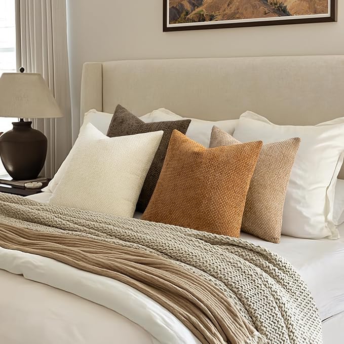 MIULEE Pack of 4 Brown Couch Throw Pillow Covers 18x18 Inch Soft Decorative Chenille Pillows Farmhouse Accent Cushions for Boho Fall Home Decor Sofa Bedroom Living Room