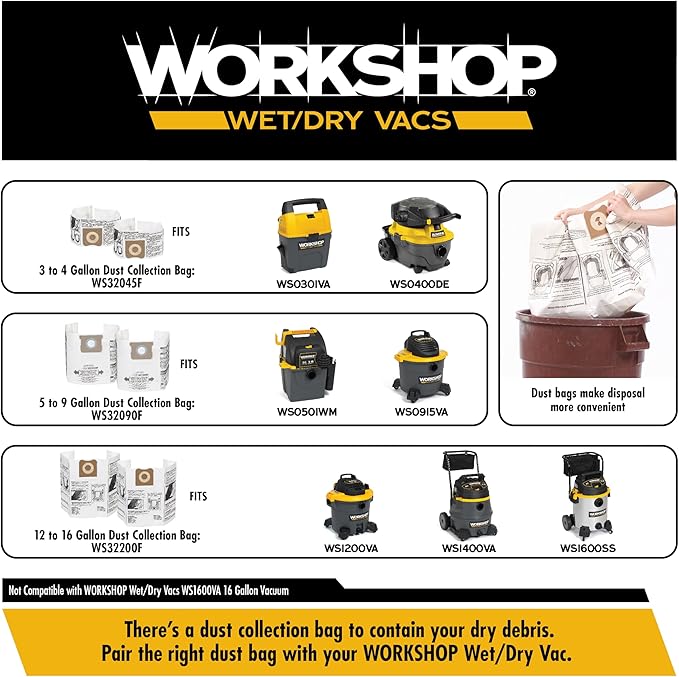 WORKSHOP Wet/Dry Vacs Shop Vacuum WS0400DE 4-Gallon 6.0 Peak HP Portable Wet Dry Vacuum Cleaner with Detachable Leaf Blower, Filters, Bag, Hose and Attachments for Indoor/Outdoor Cleaning and Blowing