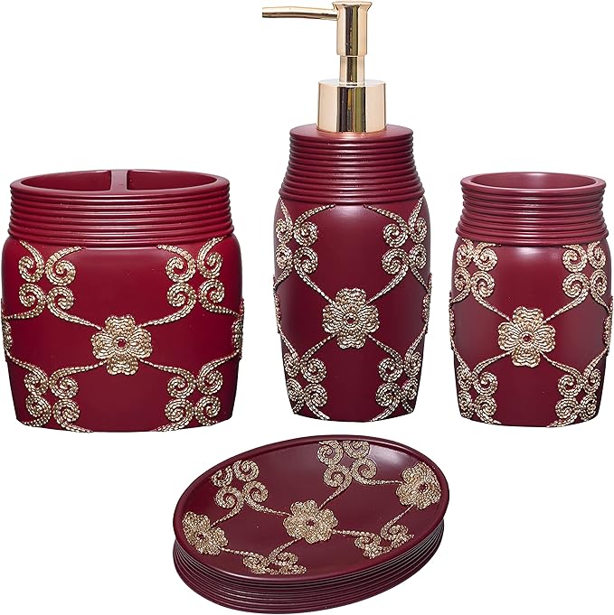 Zahari Home 4pc Elegant Rose Burgundy Bathroom Set Classic Bathroom Lotion Dispenser, Tumbler, Toothbrush Case and Bar Soap Holder Modern Uunique Design Burgundy Red Bathroom Accessories