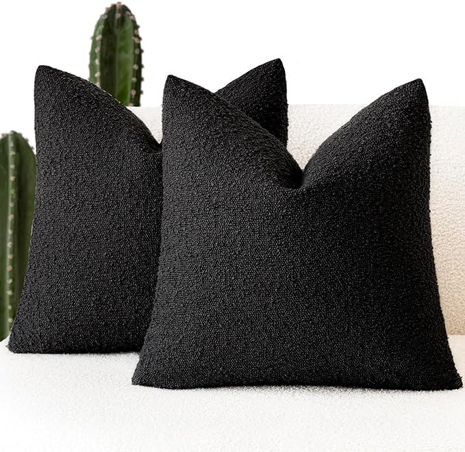 Foindtower Pack of 2, Decorative Textured Boucle Throw Pillow Covers Accent Solid Pillow Cases Neutral Soft Cozy Couch Cushion Case for Chair Sofa Bedroom Living Room Home Decor 26 x 26 Inch Black