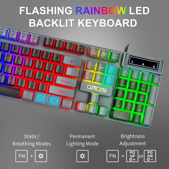 CHONCHOW Gaming Keyboard and Mouse Combo RGB LED Backlit USB Wired Key Board 3200dpi Mice Mechanical Feel Compatible with Xbox one ps5 Windows Laptop Computer(Grey-Black)
