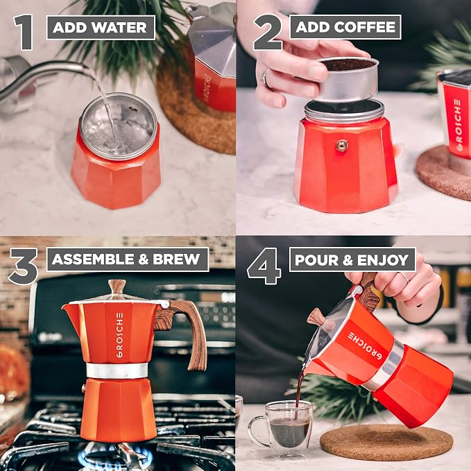 GROSCHE Milano Stovetop Espresso Maker Moka Pot 3 espresso Cup - 5oz, Red - Cuban Coffee Maker Stove top coffee maker Moka Italian espresso greca coffee maker brewer percolator | Cuban Coffee Maker And Italian Moka Pot For Stovetop Espresso; For Gas, E...