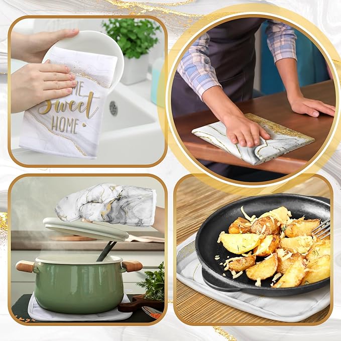 Bencailor 6 Pcs Marble Kitchen Decor Gold Pot Holders Oven Mitts 2 Dish Towels 2 Farmhouse Cooking Mittens Oven Glove and Potholder for Baking Cooking Grilling Supply Accessories(White)
