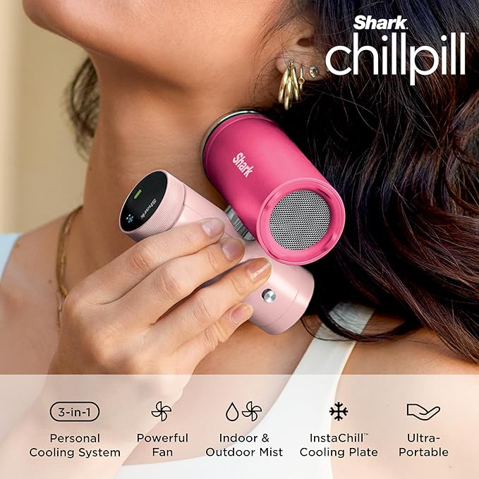 Shark ChillPill – The Only 3-in-1 Personal Cooling System with Fan, InstaChill Cooling Plate & Dry-Touch Mist – Portable, Handheld, Drops Skin Temp Up to 16°F, 10 Speeds, Glacier, FA022BL
