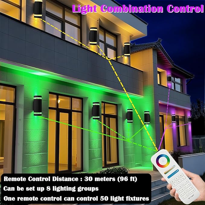 RGB Outdoor Wall Lights with RF Remote Control, Color Changing Porch Light, Up and Down Smart Wall Sconces with 2700k- 6500k RGB+CCT and 32 Modes-ETL Listed (2 Pack)