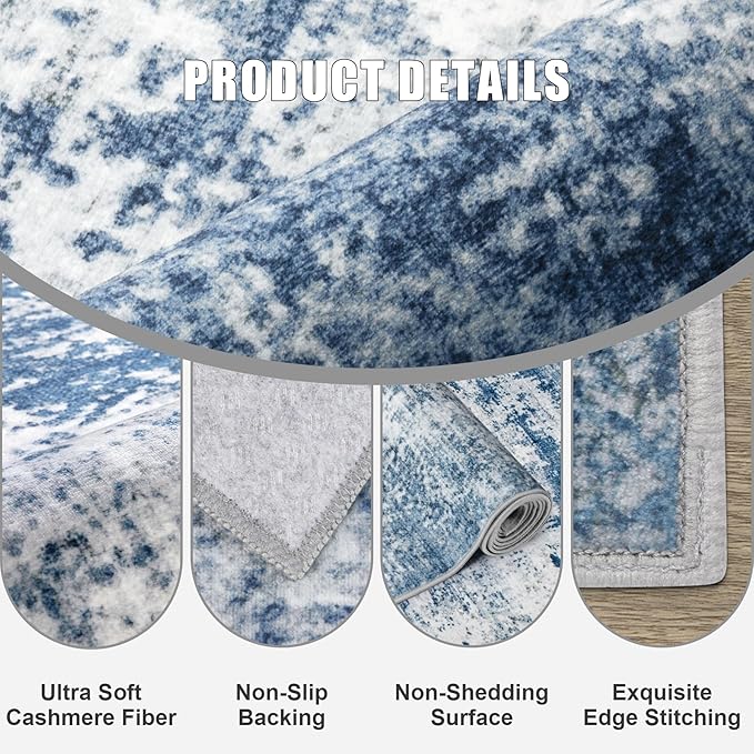 6x6 Area Rug Living Room Rug: Washable Modern Abstract Soft Thin Rug Indoor Floor No Slip Stain Resistant Carpet for Bedroom Dining Room Farmhouse Nursery Home Office - Blue