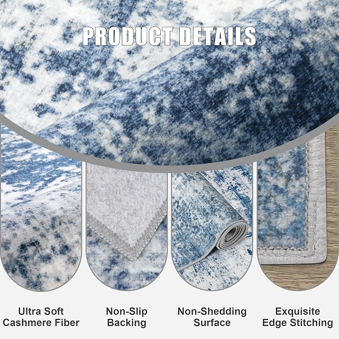 5x7 Area Rug Living Room Rug: Washable Modern Abstract Soft Thin Rug Indoor Floor No Slip Stain Resistant Carpet for Bedroom Dining Room Farmhouse Nursery Home Office - Blue